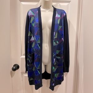 Stunning jewel tone St. John silk pattern cardigan.  Size Medium.